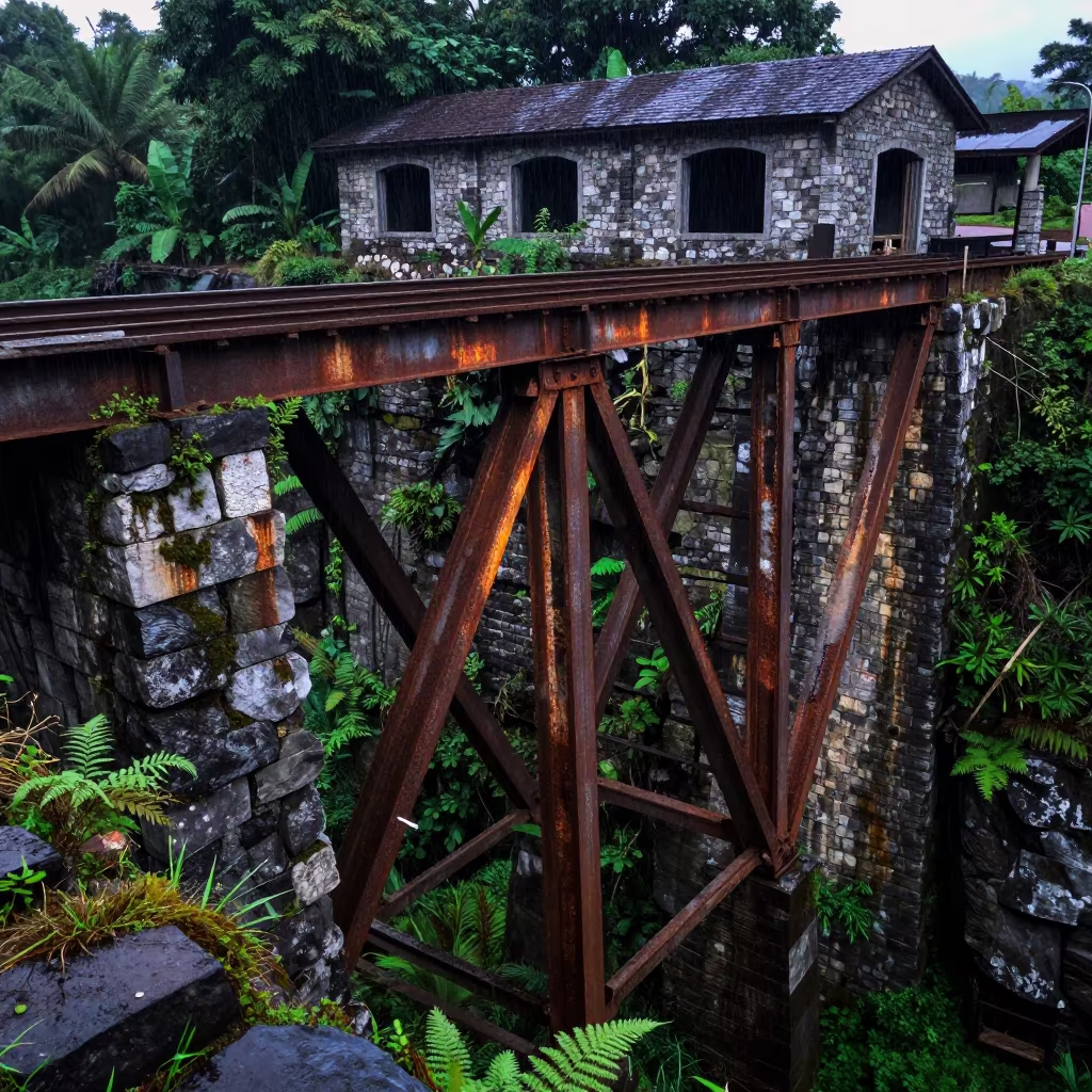 Rusted Railway Bridge Over Gorge in Rain in among roofless stone chambers near Medan