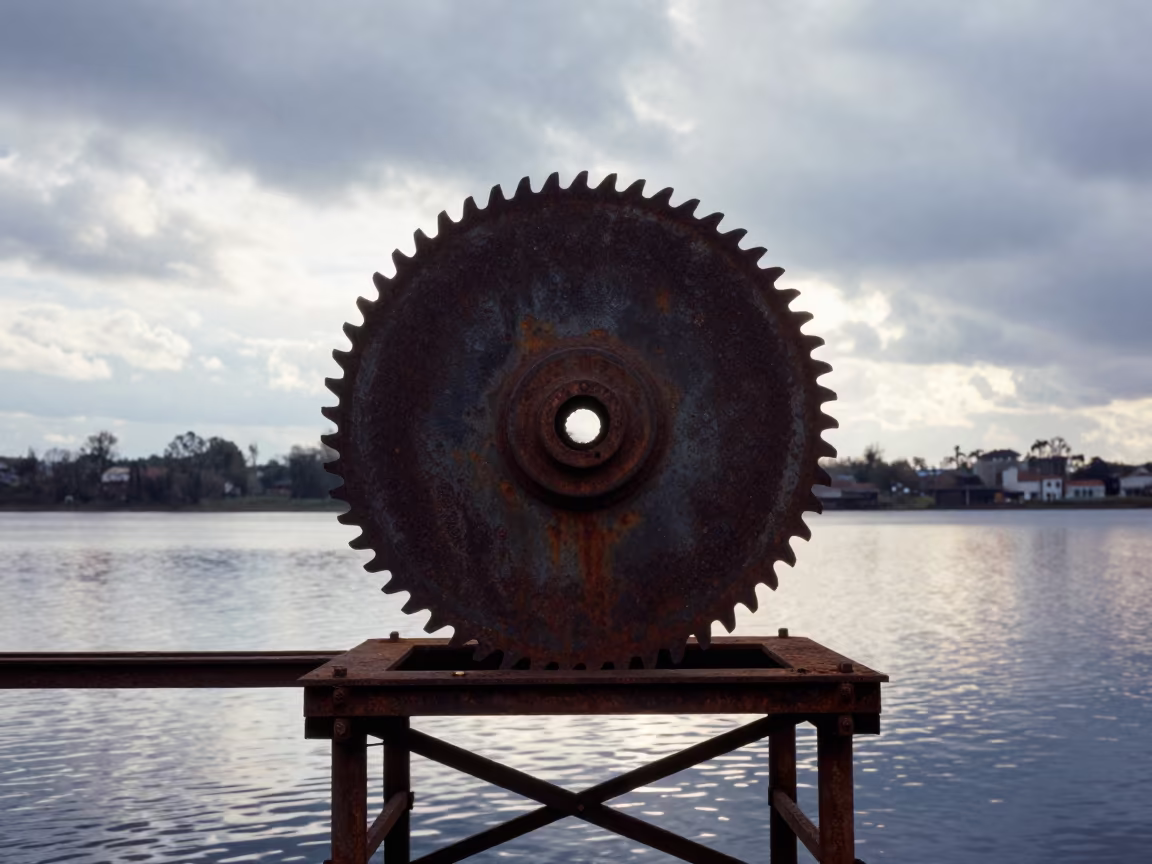 Rusted Sawmill Blade on Adama Scaffold in on a scaffold platform near Adama