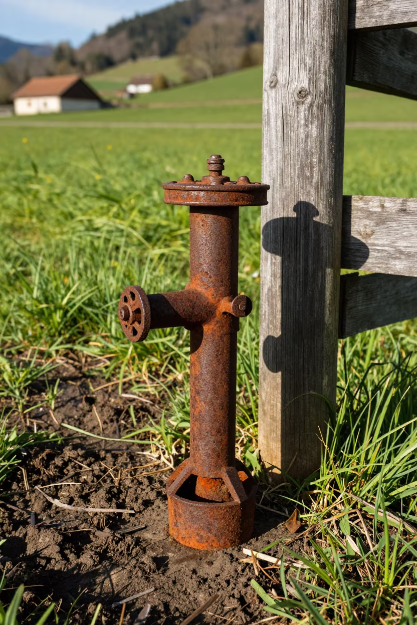 Rusted Shear Pin Tin on Swiss Fence Post in along a muddy paddock fence in Switzerland