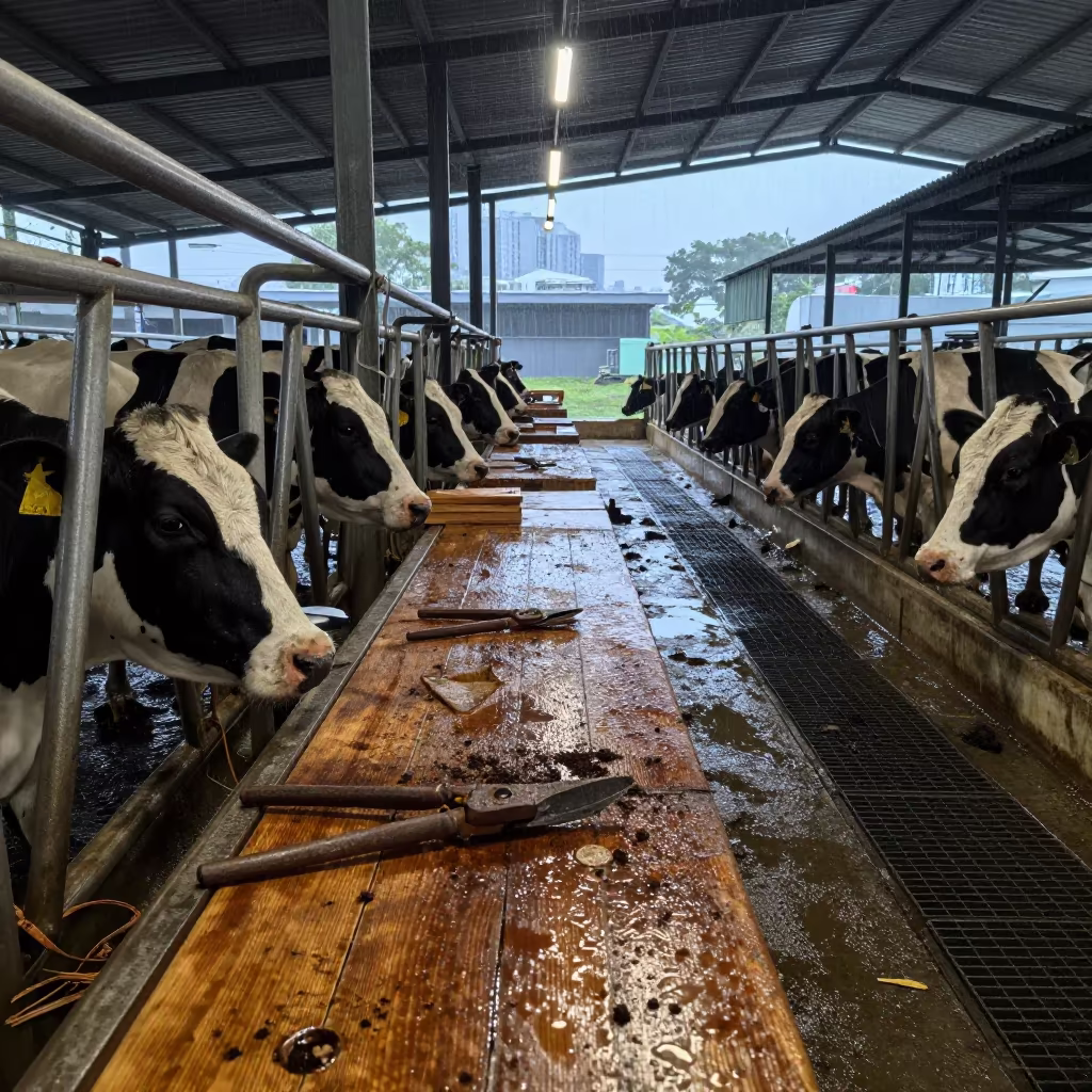 Rusted Shears on Potting Bench in Monsoon Parlor in in a dairy milking parlor in Quezon City