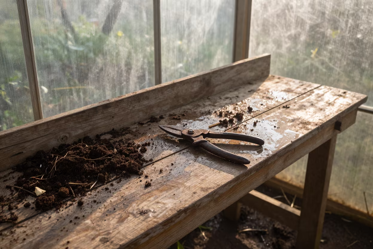 Rusted Shears on Wet Potting Bench Morning Light in under translucent greenhouse roofing in Brazil