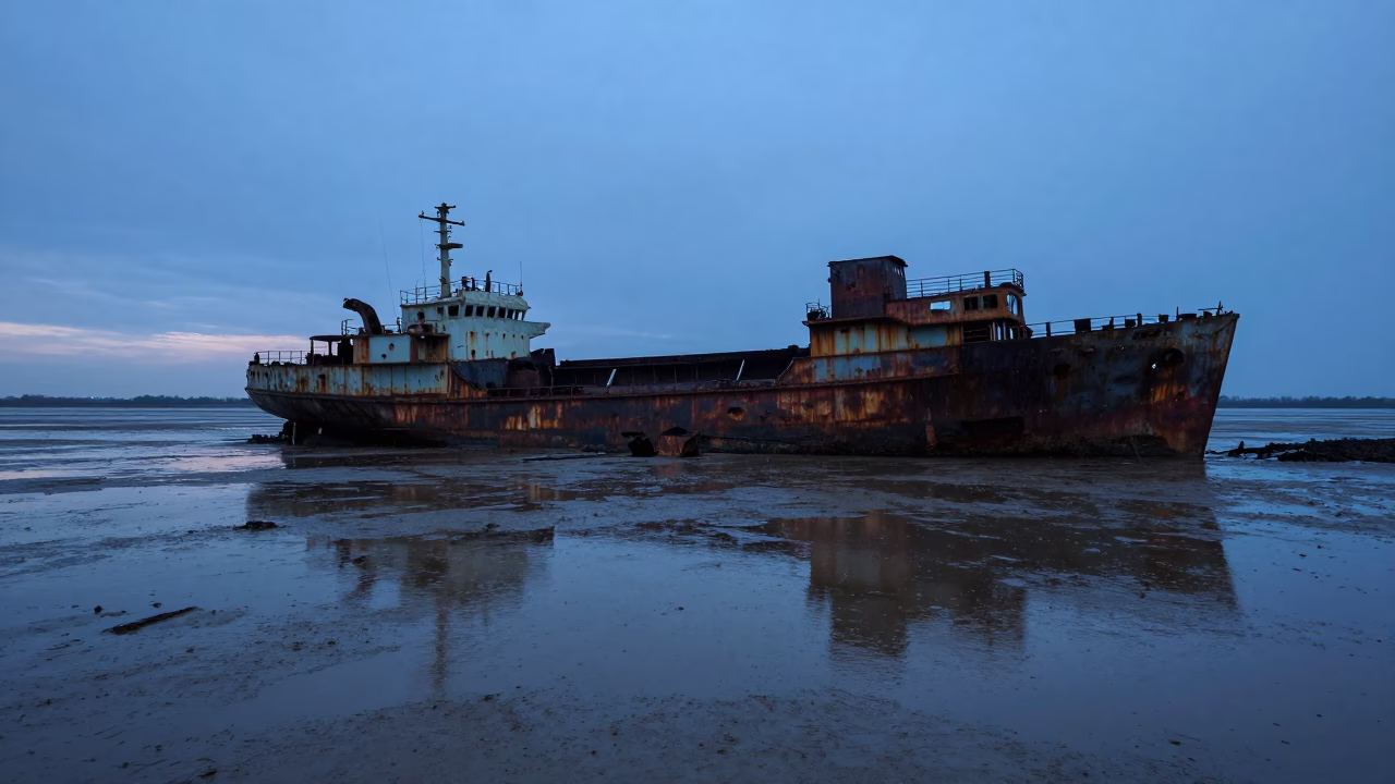 Rusted Ship on Dallas Tidal Flat at Twilight in near Dallas