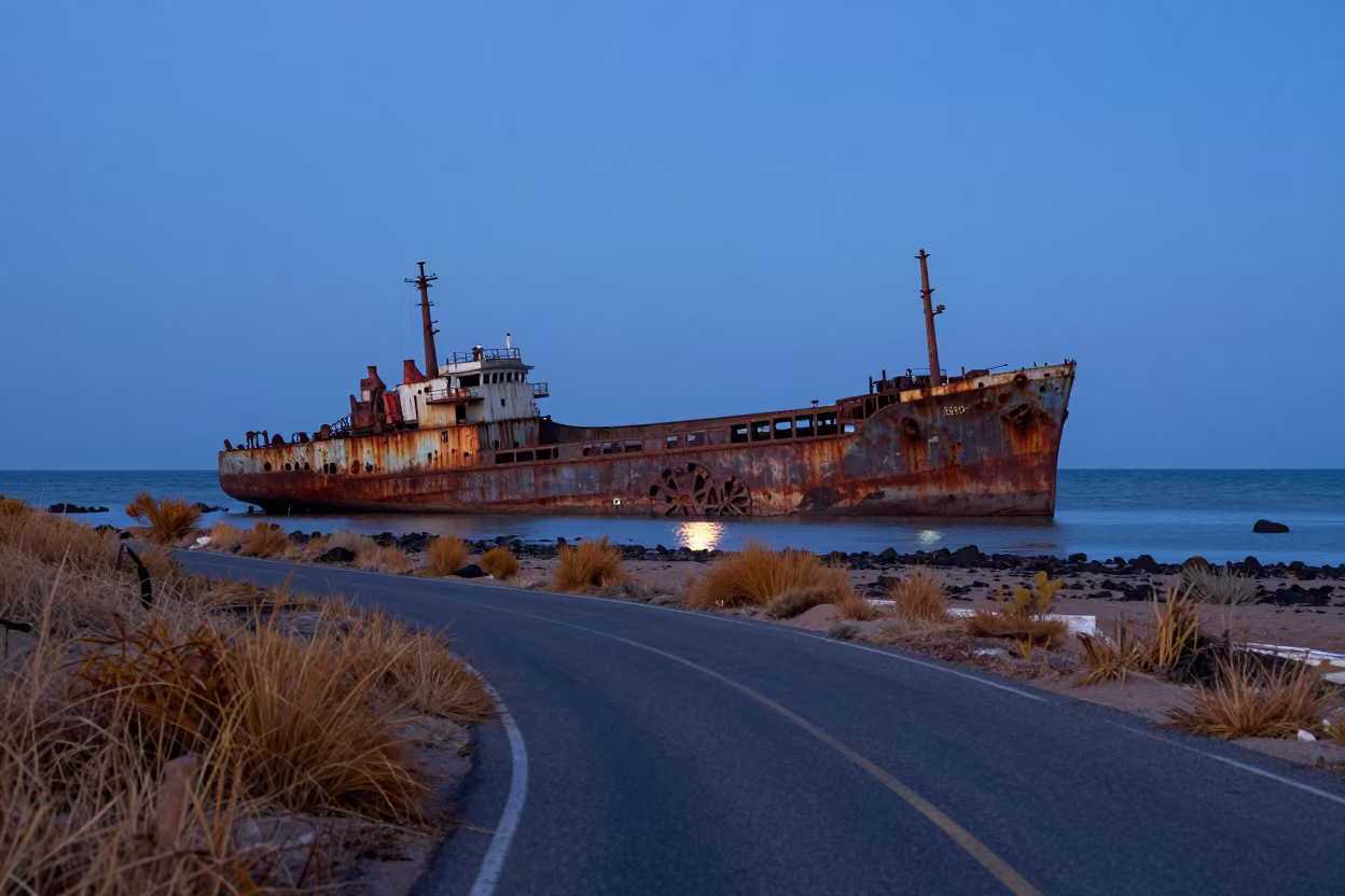Rusted Ship on Libyan Tidal Flat Twilight in along a switchback approach in Libya