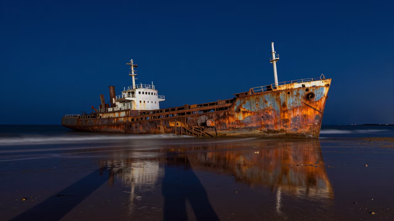 Rusted Ship Under Starlight on Sudan Tidal Flat in in Sudan