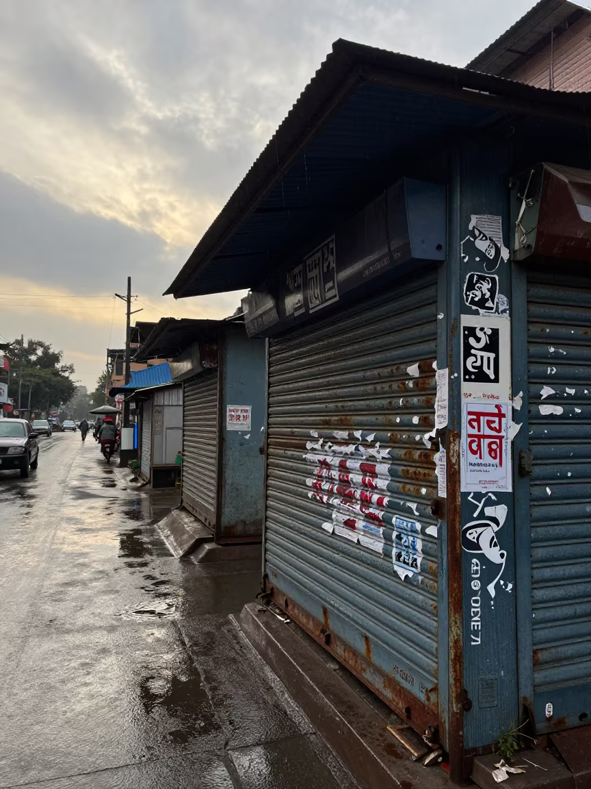 Rusted Shutters and Pasted Posters Gorakhpur in by a rain-darkened kiosk in Gorakhpur