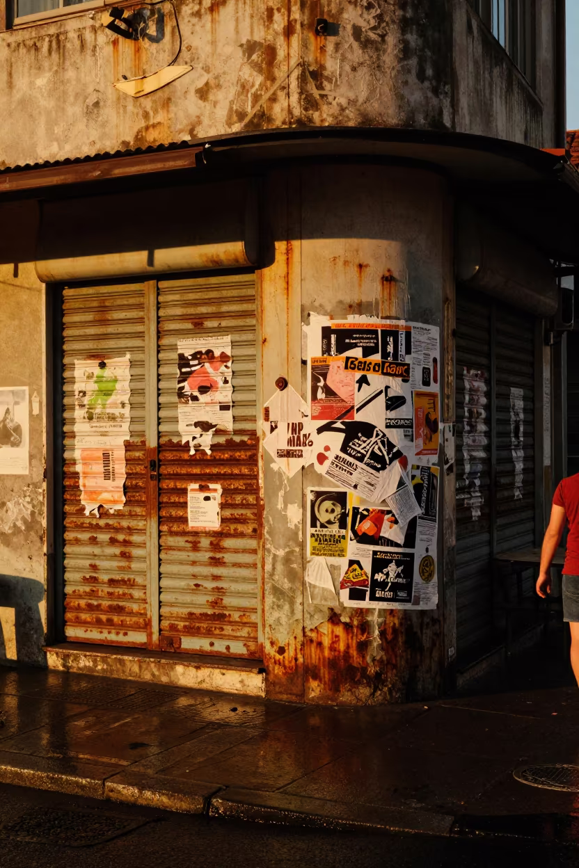 Rusted Shutters and Pasted Posters at Golden Hour in outside a corner cafe in Florianopolis