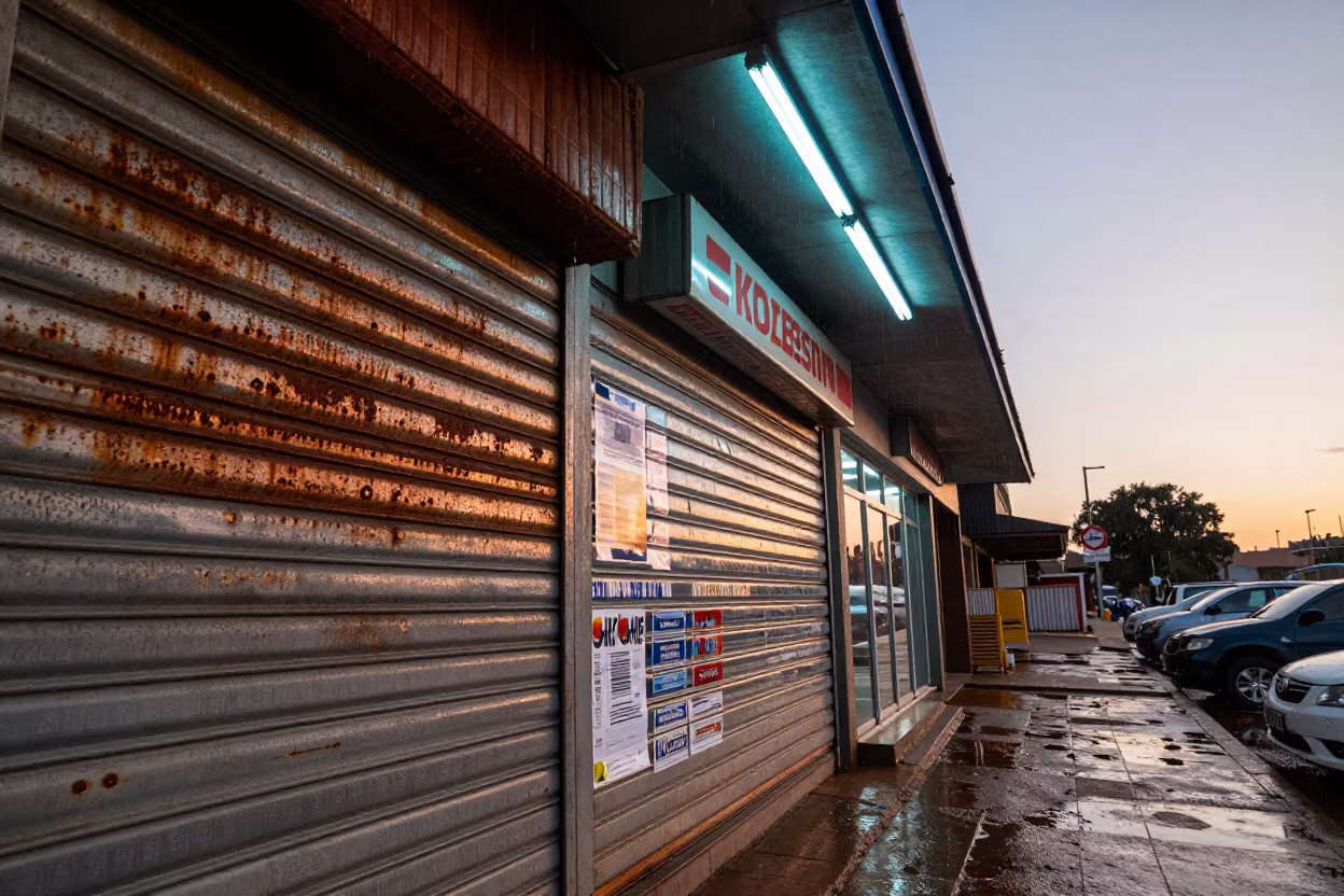 Rusted Shutters and Pasted Posters in Kitwe in outside a fluorescent convenience store in Kitwe