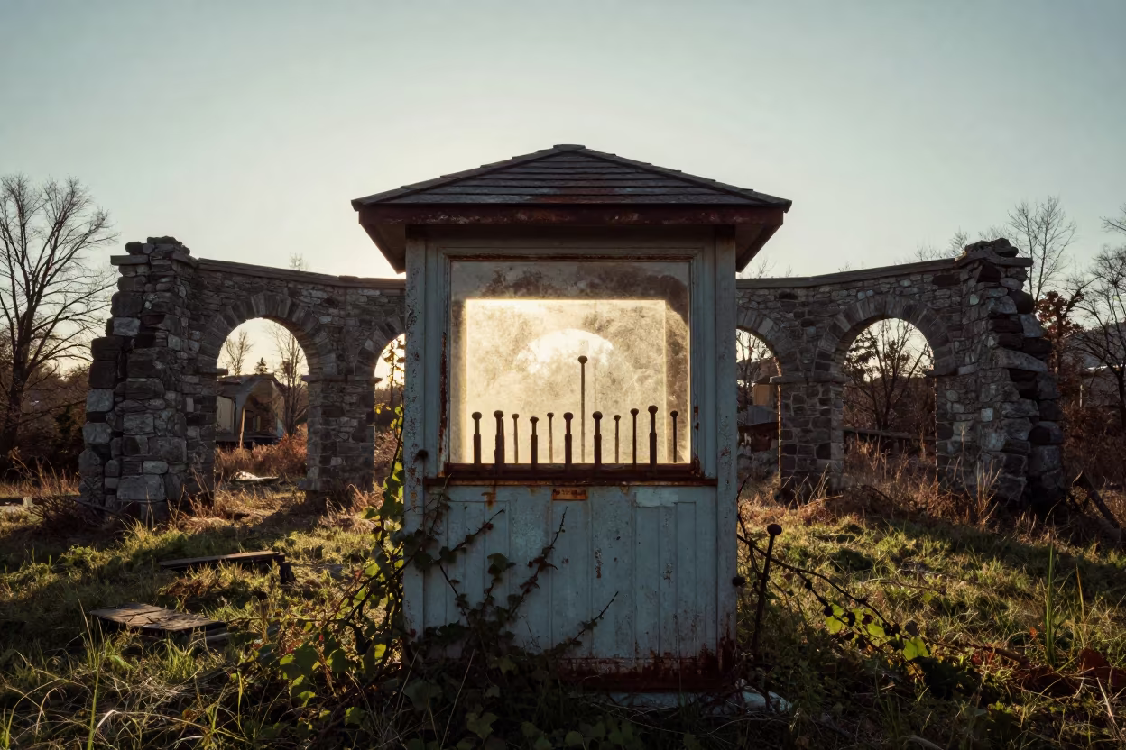 Rusted Signal Box in Roofless Hammam at Sunset in inside a roofless hammam in New Brunswick