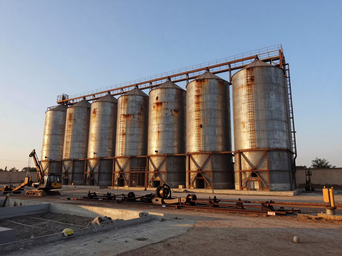 Rusted Silo Complex at Dawn in Sohag in across an active works site near Sohag