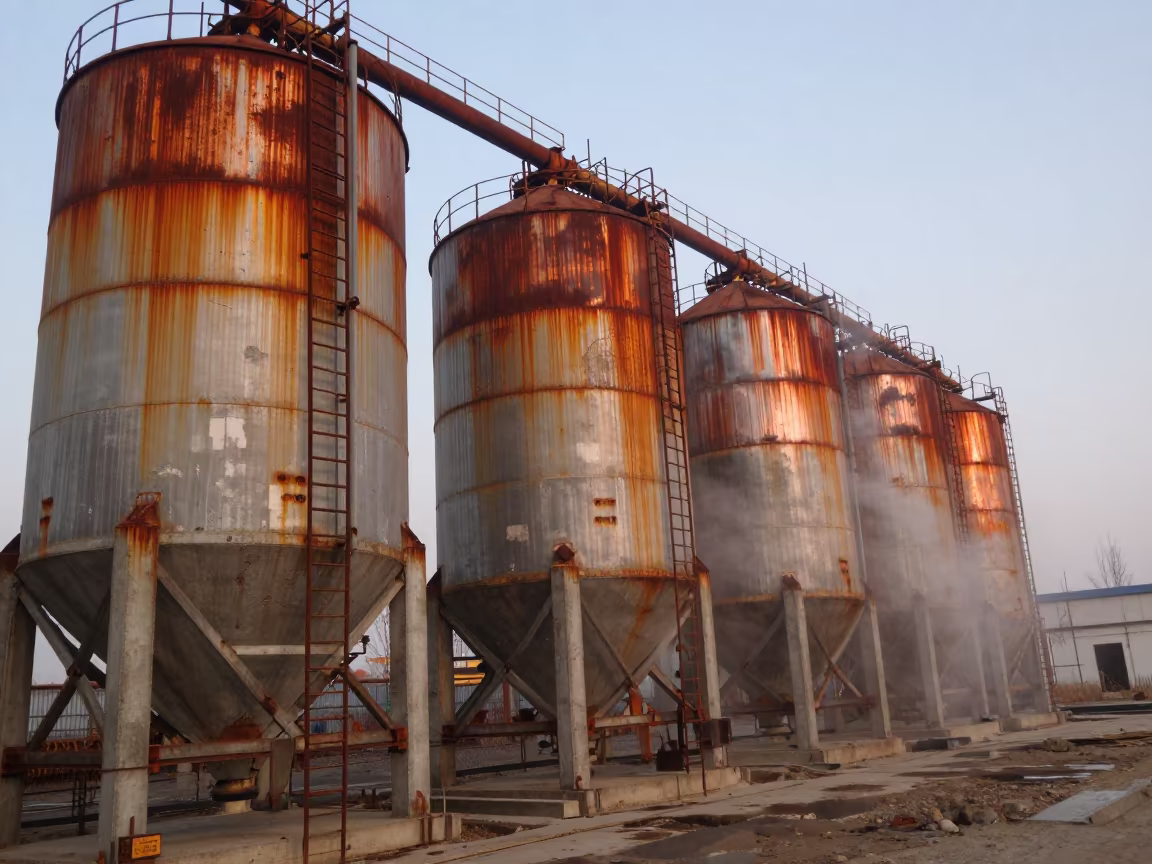 Rusted Silo Complex in Winter Hebei Light in across an active works site in Hebei