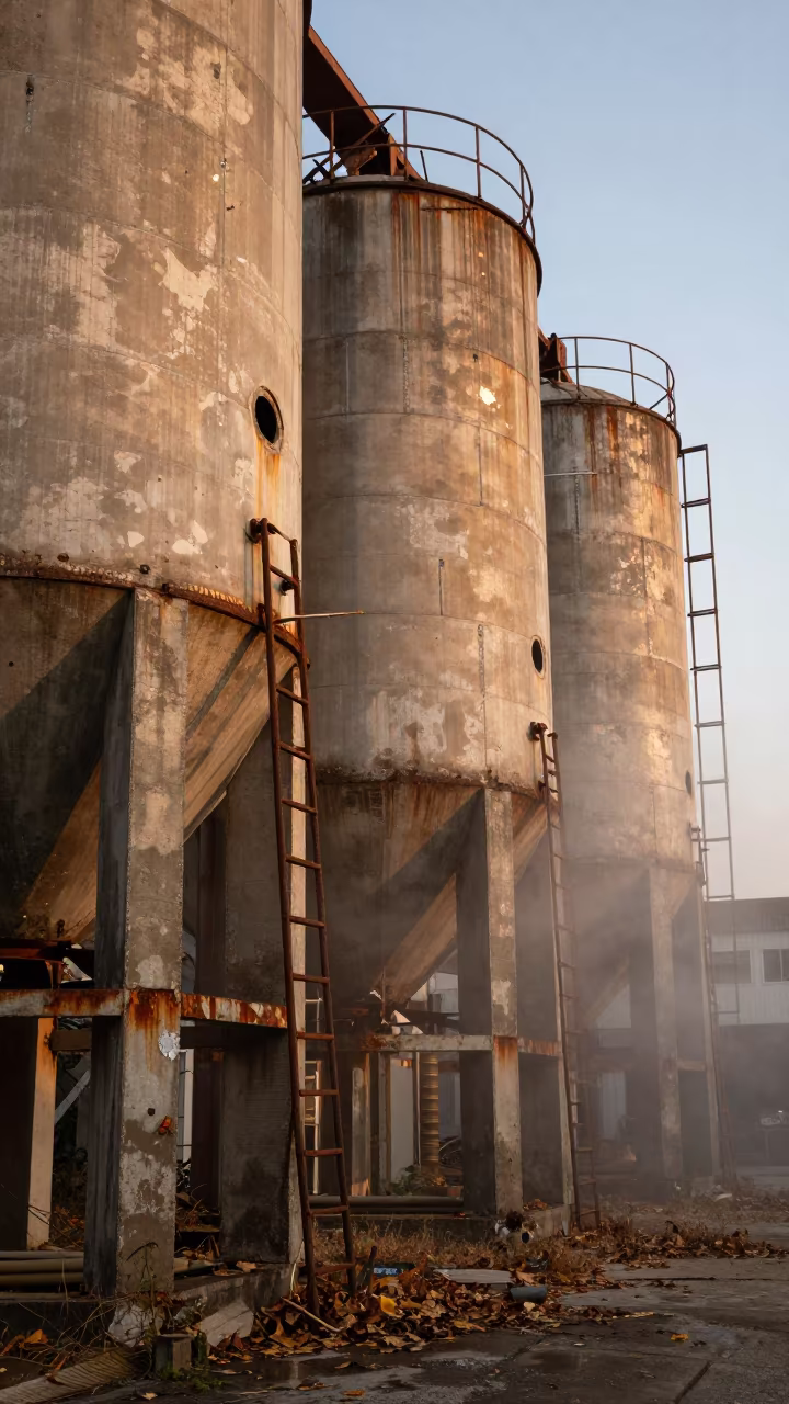 Rusted Silo Ladders in Autumn Evening Light in across an active works site near Taichung