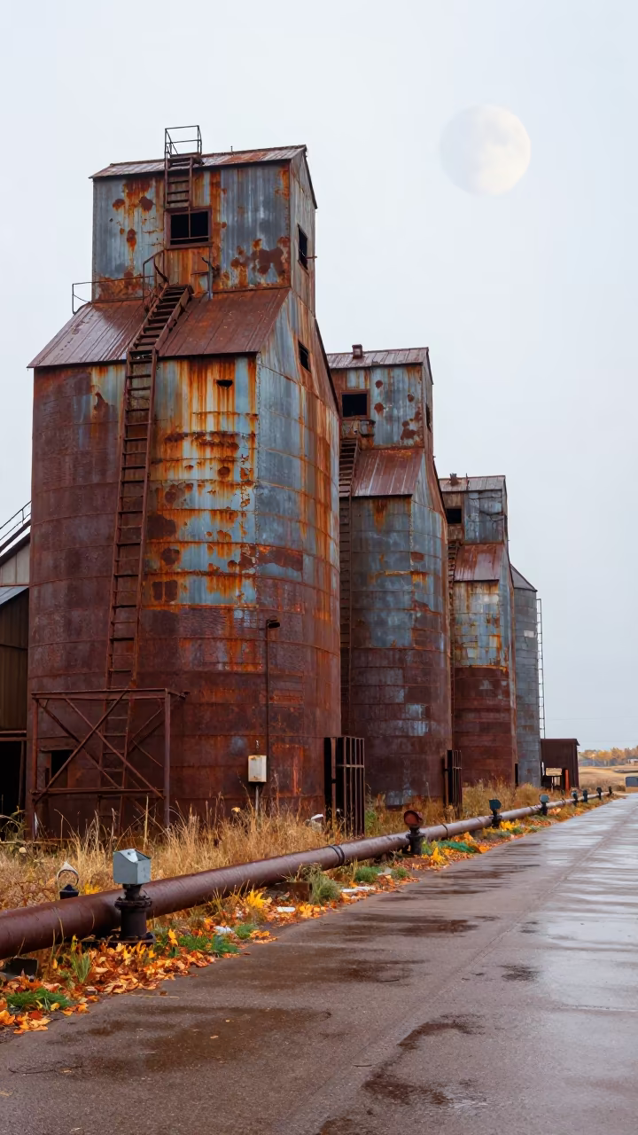 Rusted Silos Under Ringed Planet Autumn in along a service road lined with pipes in Colorado
