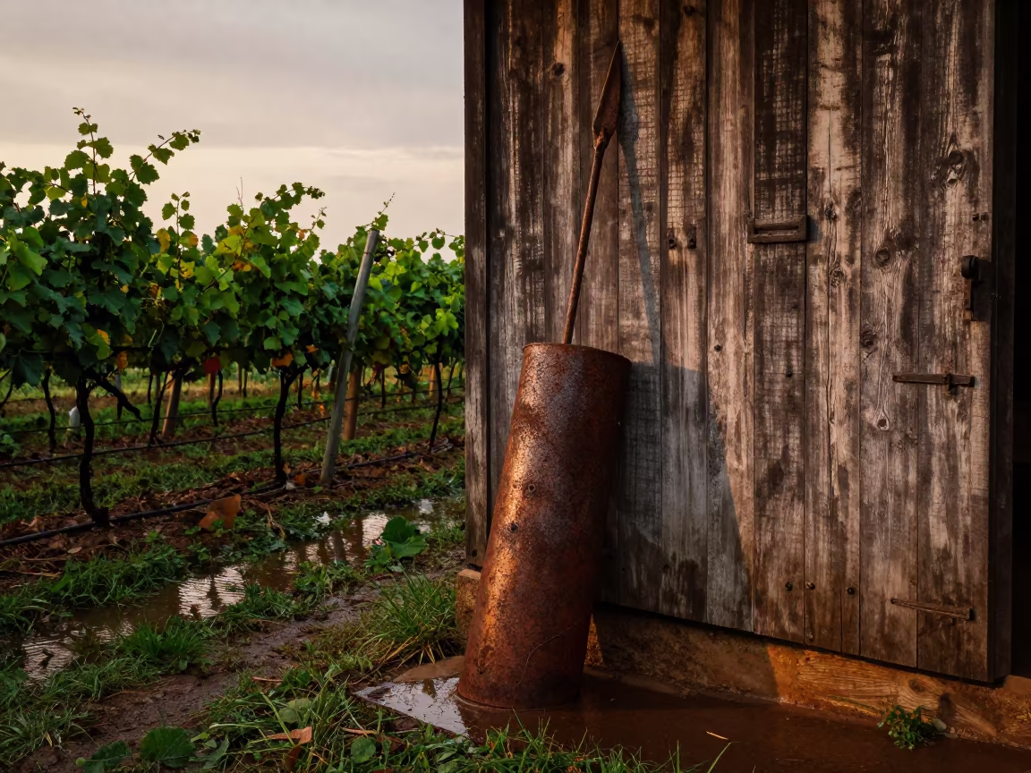 Rusted Spear Leans Weathered Barn Vineyard in between vineyard trellises in Tamil Nadu