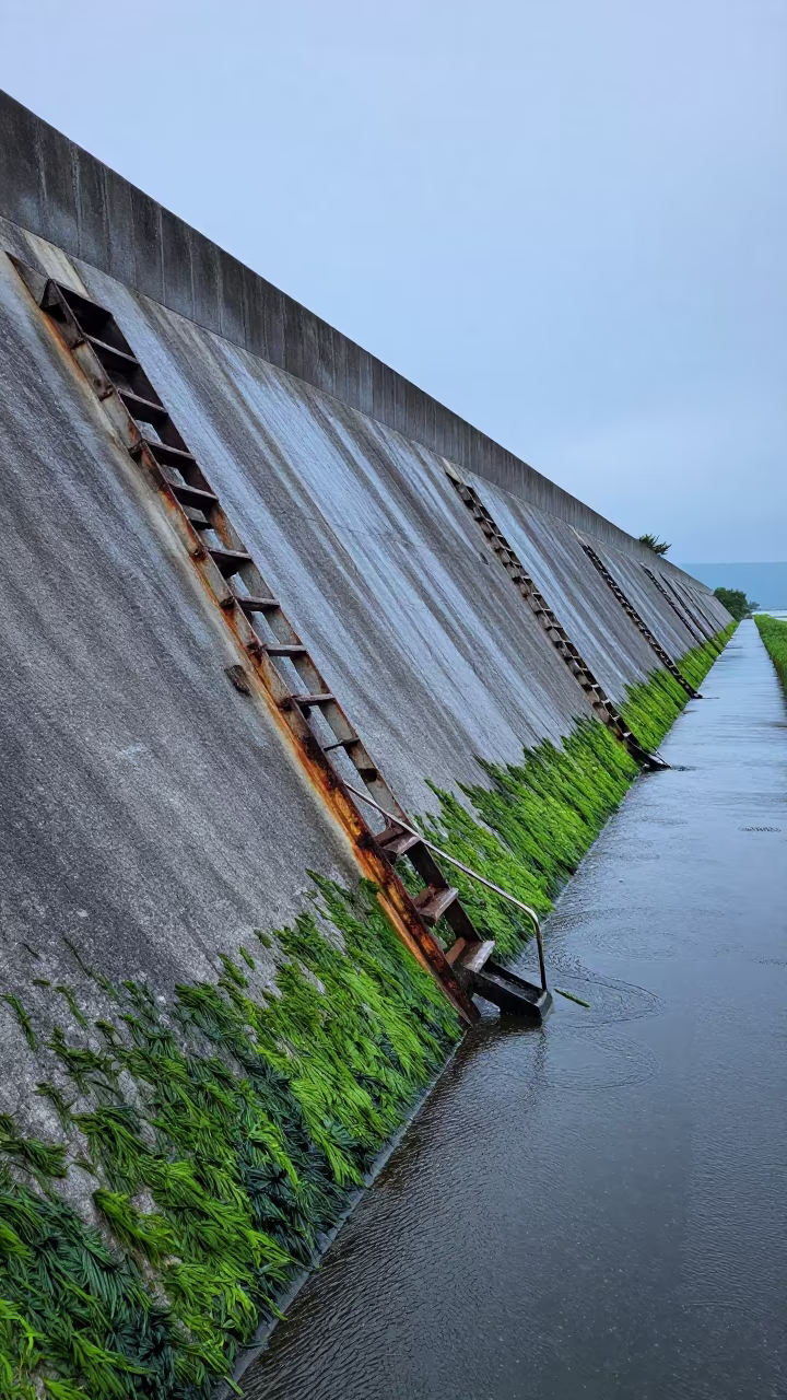 Rusted Storm Ladders on Hokkaido Sea Wall in along a levee path above floodwater in Hokkaido