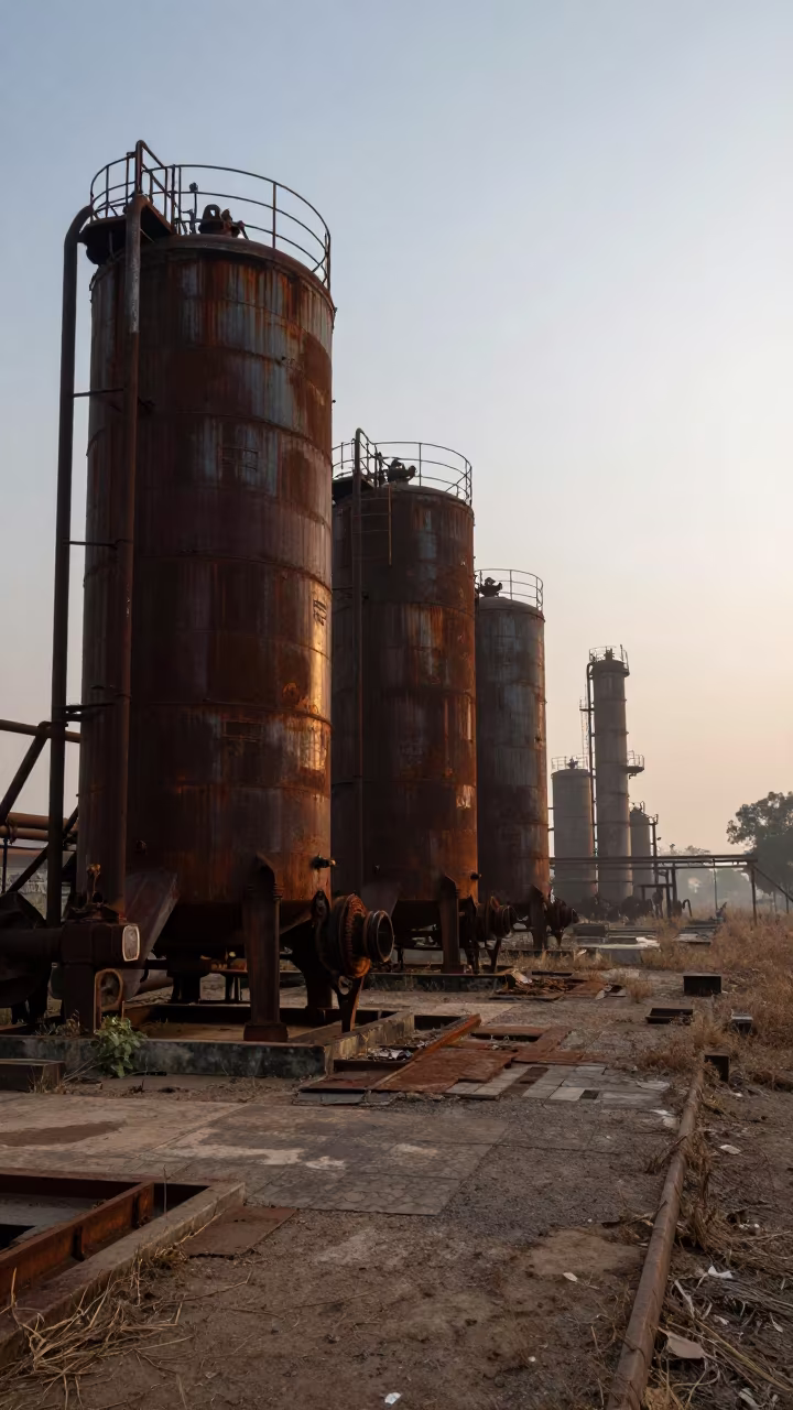 Rusted Sugar Refinery Tanks at Dawn in near Meerut