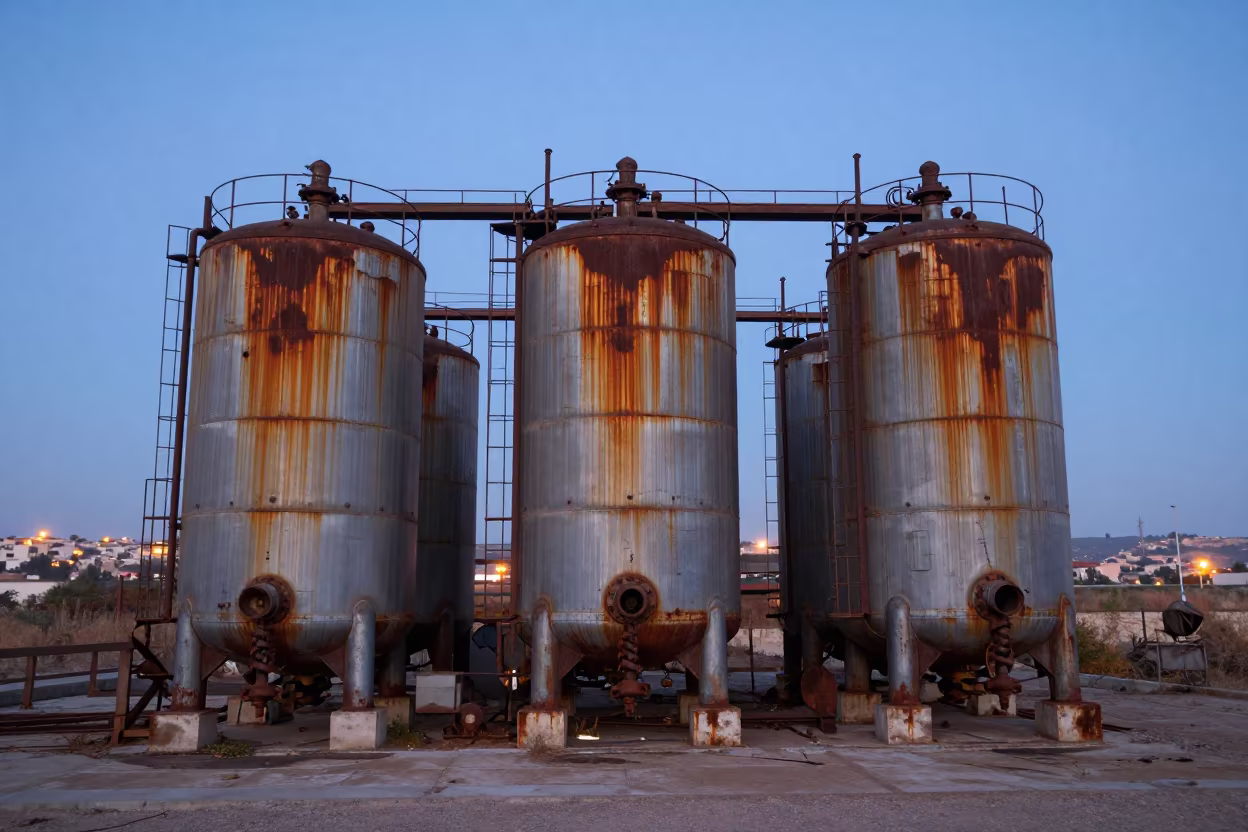 Rusted Sugar Tanks at Blue Hour in Israel in in Israel