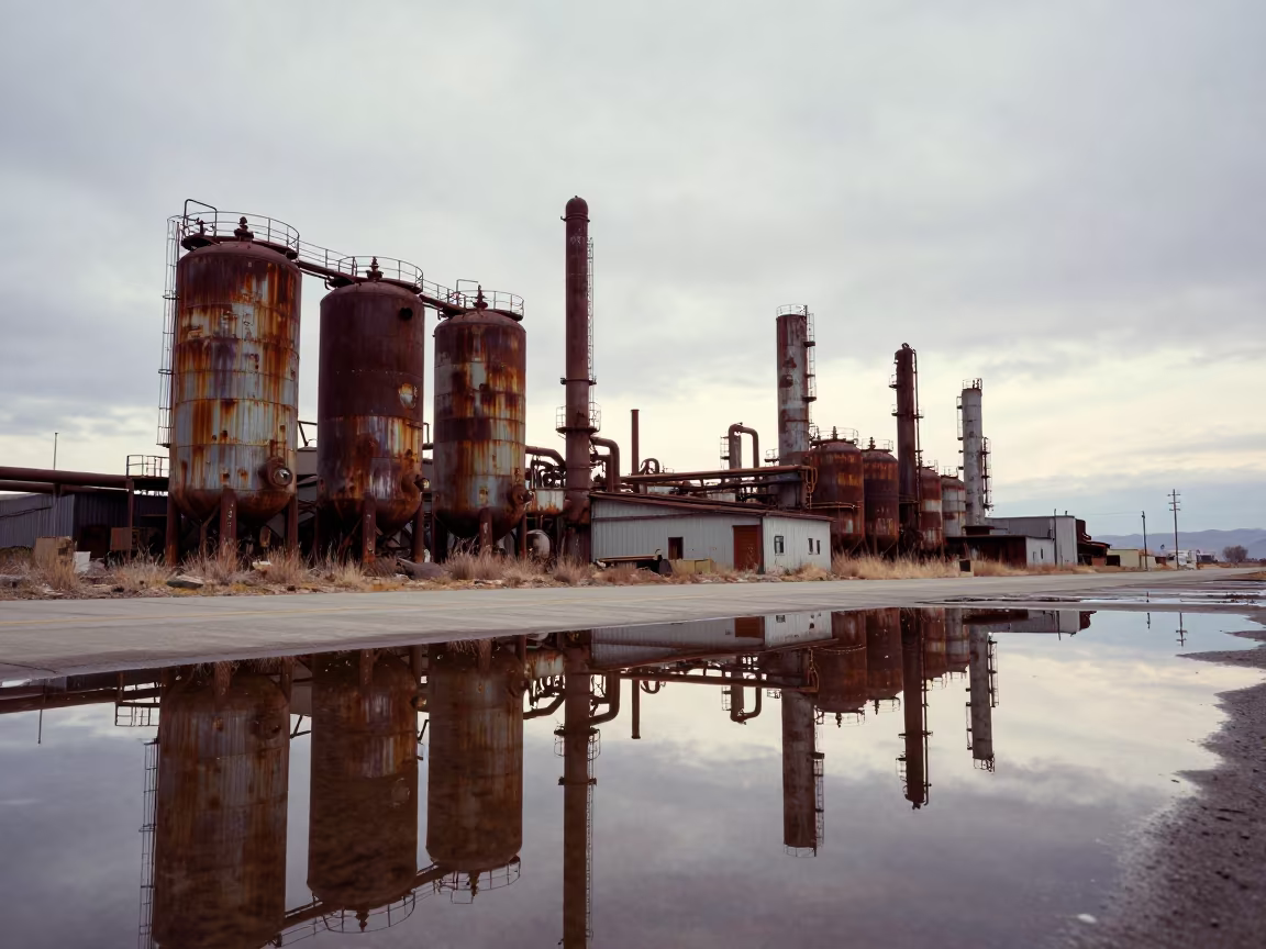 Rusted Sugar Tanks Reflecting in Surreal Water Floor in along a service road lined with pipes in Utah