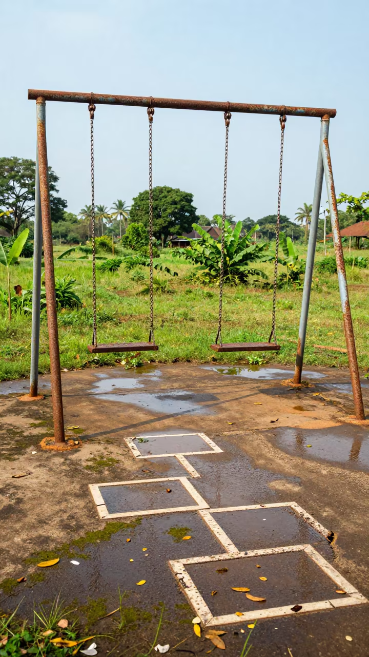 Rusted Swing and Hopscotch in Zimbabwe Court in through an abandoned ceremonial court in Zimbabwe