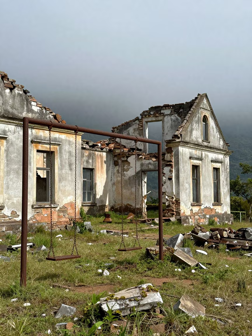 Rusted Swing Set Amid Crumbling Orphanage Ruins in among collapsed cloisters near Guanare