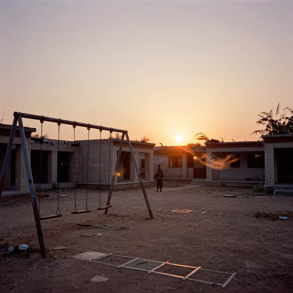 Rusted Swing Silhouette Against Sunset Ruins in among roofless stone chambers near Karachi