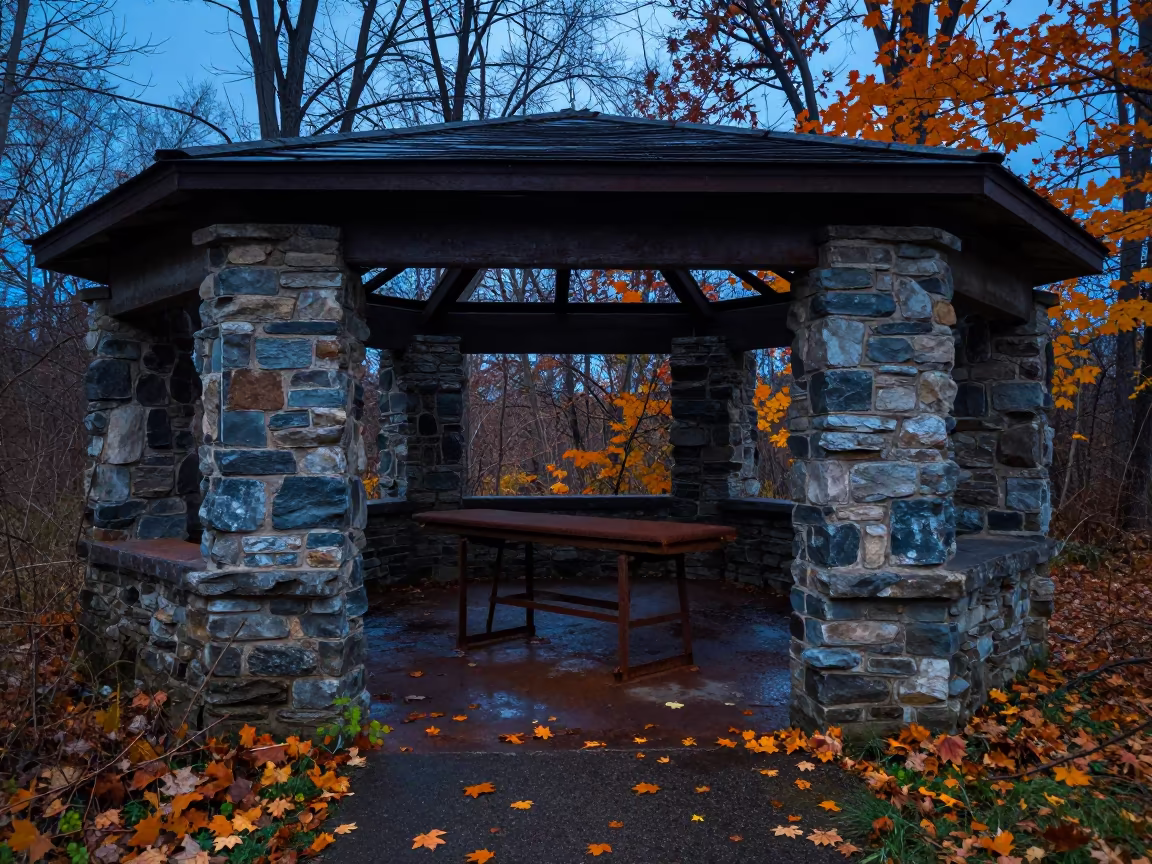 Rusted Tables in Roofless Hammam Manitoba Autumn in inside a roofless hammam in Manitoba