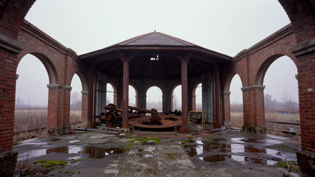 Rusted Turntable in Abandoned Alberta Hammam in inside a roofless hammam in Alberta