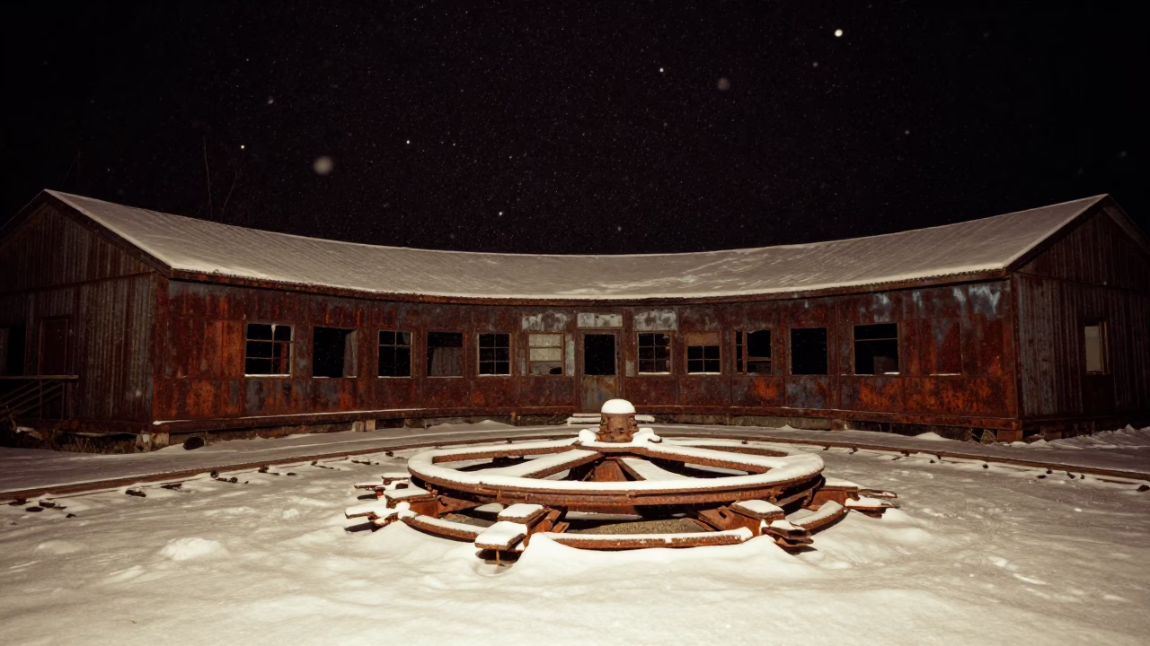 Rusted Turntable in Yukon Roundhouse Under Starlight in through an abandoned ceremonial court in Yukon