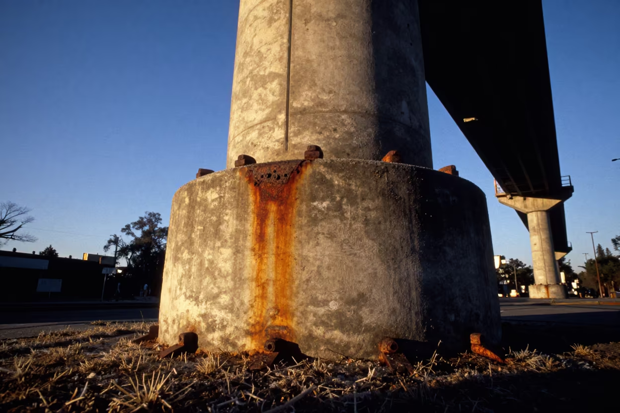 Rusted Water Tower Base Under Bridge Blue Hour in under a cable-stayed bridge span in Xochimilco, Mexico City