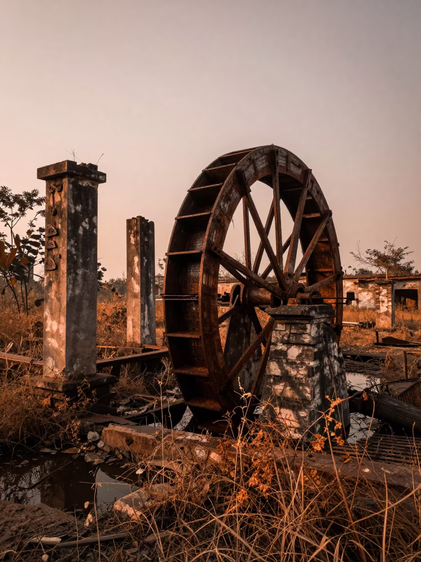 Rusted Waterwheel in Jharkhand Paper Mill Ruin in among toppled columns and nettles in Jharkhand