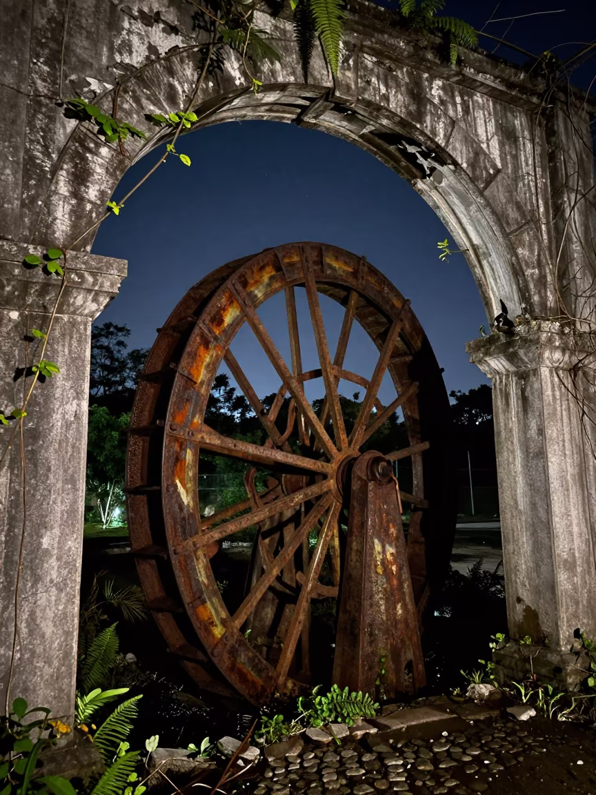 Rusted Waterwheel Under Stone Arch Shenzhen Night in beneath a broken stone arch near Shenzhen