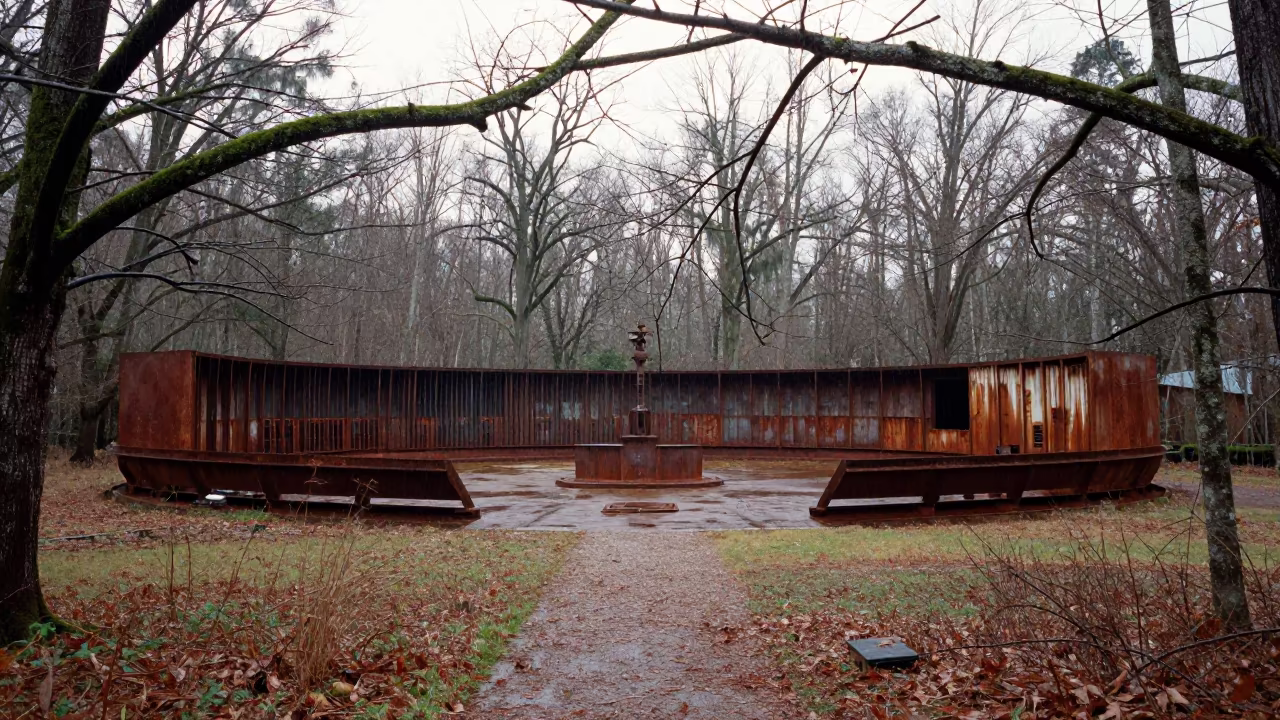 Rusted Whaling Station Through Rainy Winter Frame in through an abandoned ceremonial court in South Carolina