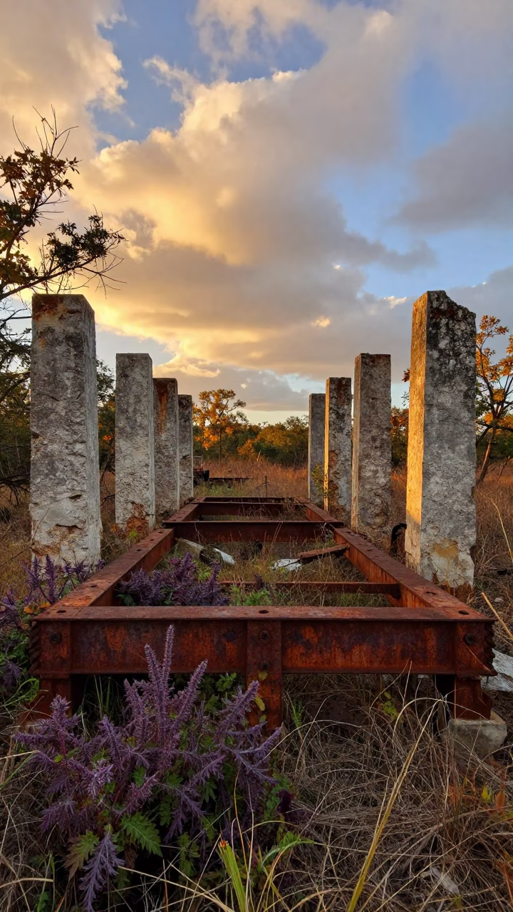 Rusted Whaling Station in Texas Ruins in among toppled columns and nettles in Texas