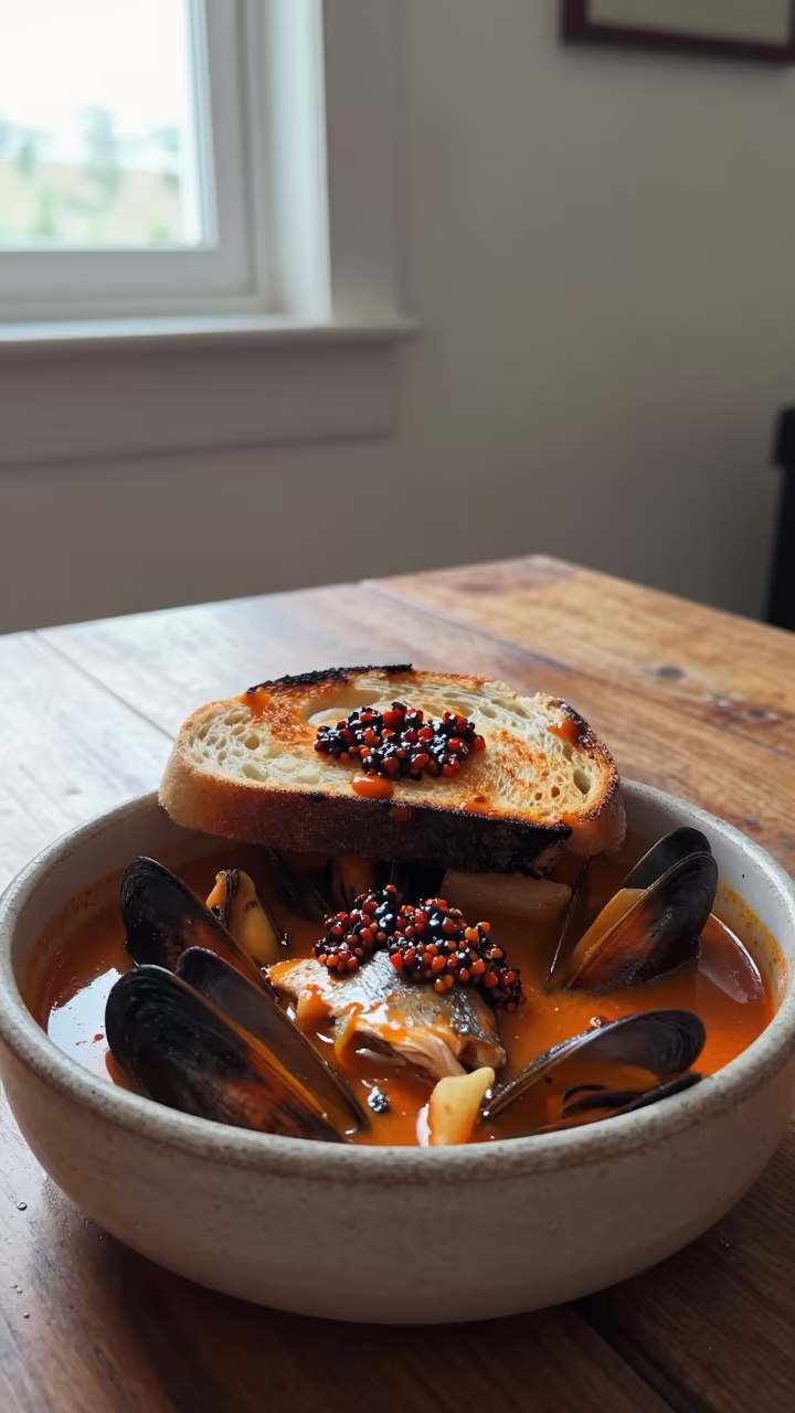 Rustic Bouillabaisse with Rouille Toast in on a rustic wooden table in Arua
