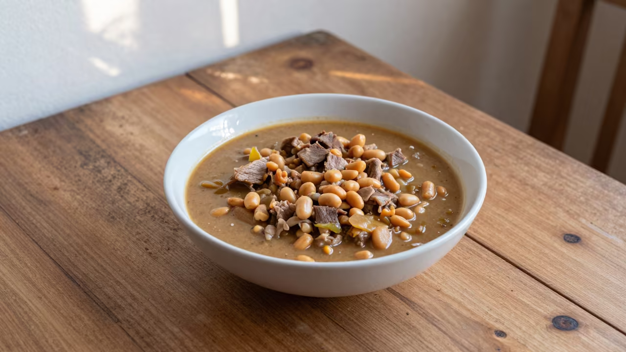 Rustic Bowl of Maafe Peanut Stew Aksaray in on a rustic wooden table in Aksaray
