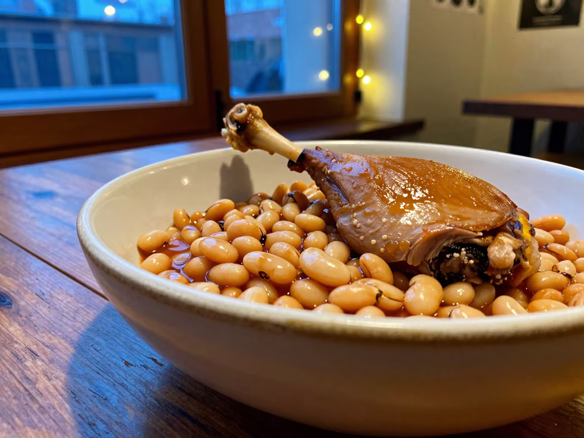 Rustic Cassoulet Duck Leg Dinner in Beijing in on a rustic wooden table in Beijing