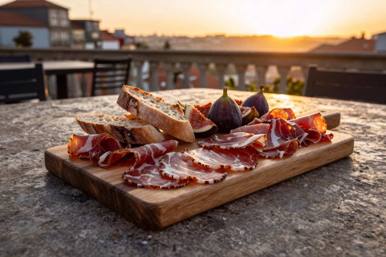 Rustic Charcuterie Board with Cured Meats and Figs at Sunset in Porto Portugal in in Porto, Portugal