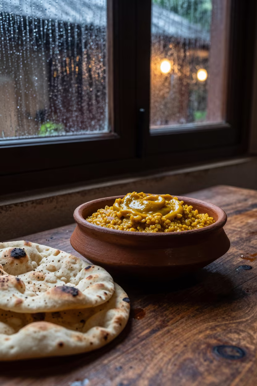 Rustic Dal and Naan in Tirunelveli Rain in on a rustic wooden table in Tirunelveli
