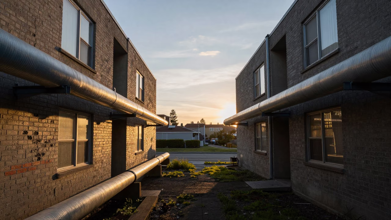 Rustic district heating pipes crossing between concrete apartment blocks in Seattle at sunset in in Seattle, Washington, United States