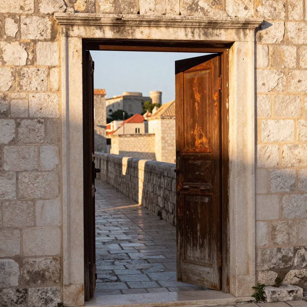 Rustic Doorway in Dubrovnik at Golden Hour in in Dubrovnik, Croatia