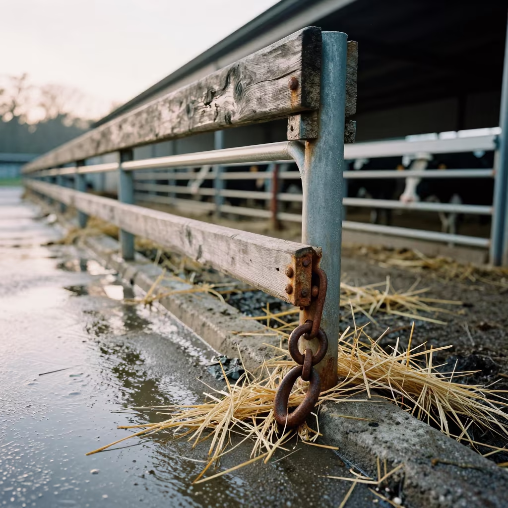 Rustic Gate Rail with Straw Drift at South Carolina Stockyard in at a stockyard loading ramp in South Carolina
