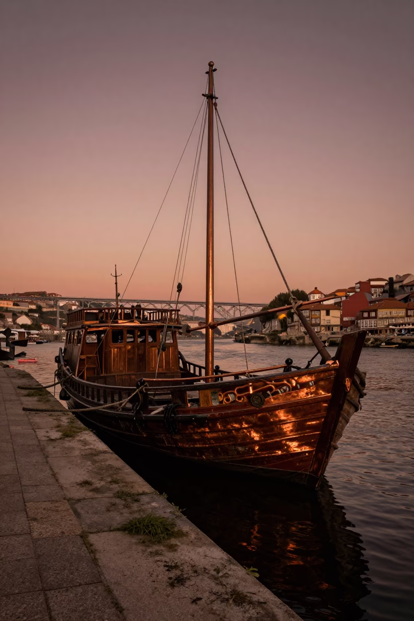 Rustic Junk Boat Moored Along Porto Riverbank Under Copper Dusk Light in in Porto, Portugal