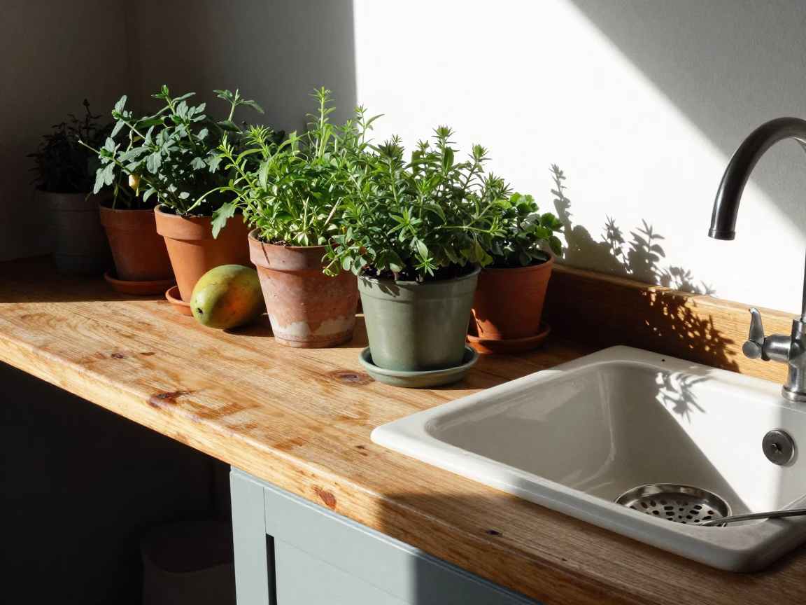 Rustic Kitchen Counter With Potted Herbs And Mangoes In Porto Home in in Porto, Portugal