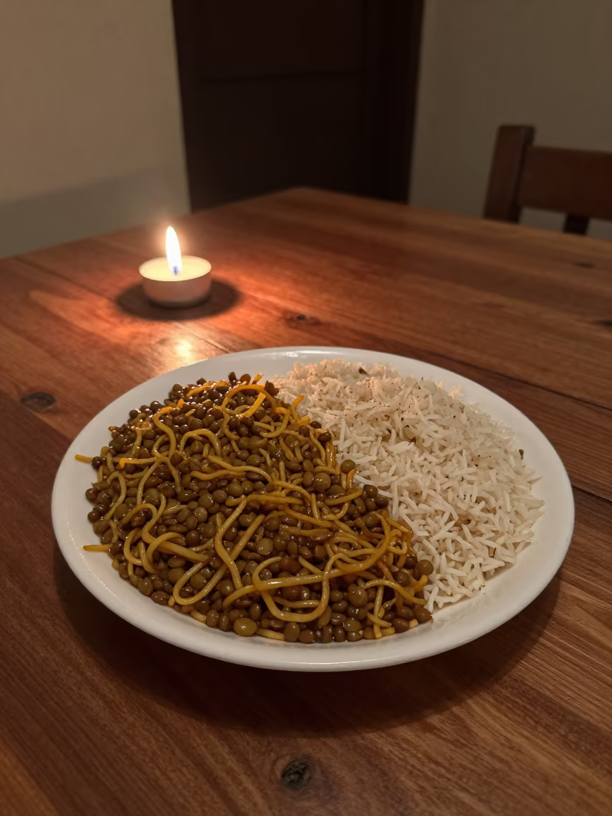 Rustic Koshari Plate with Lentils and Noodles in on a rustic wooden table in Ghazipur