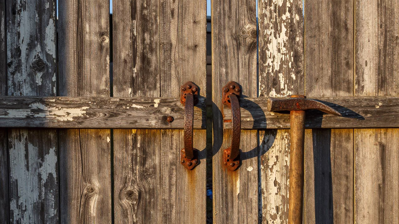 Rustic Nashville Tennessee Gate Handle and Claw Hammer on Weathered Wood Fence at Sunrise in in Nashville, Tennessee, United States