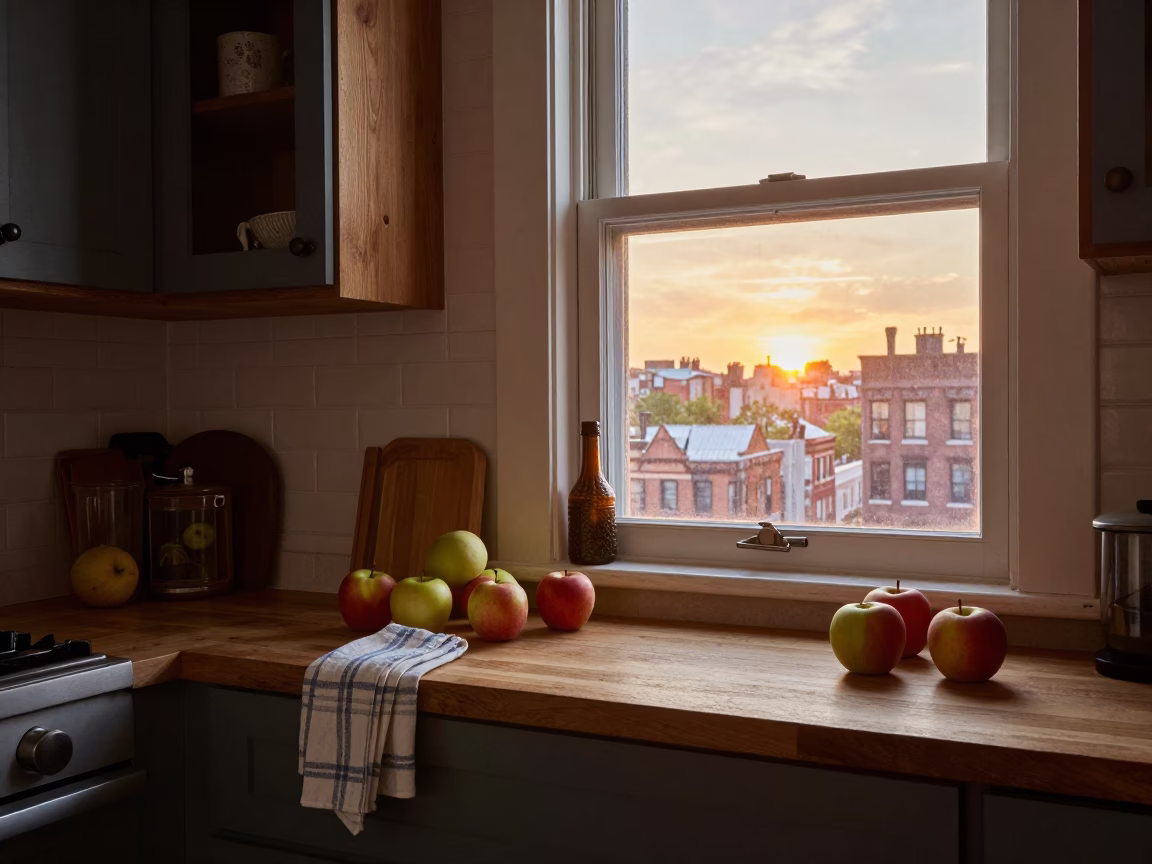 Rustic New York Kitchen Scene with Apples and Dish Towels at Sunset in in New York, New York, United States