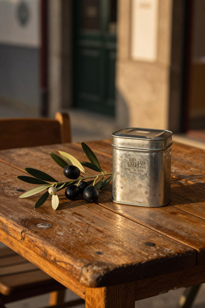 Rustic Olive Branch and Vintage Pin Tin on Worn Wooden Table in Porto Portugal in in Porto, Portugal