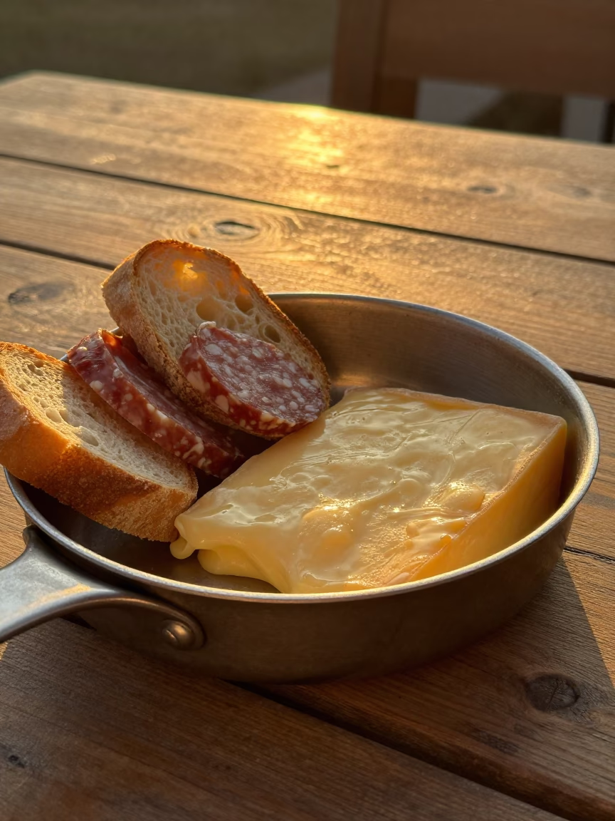 Rustic Raclette Cheese Board Sunset Fortaleza in on a rustic wooden table in Fortaleza