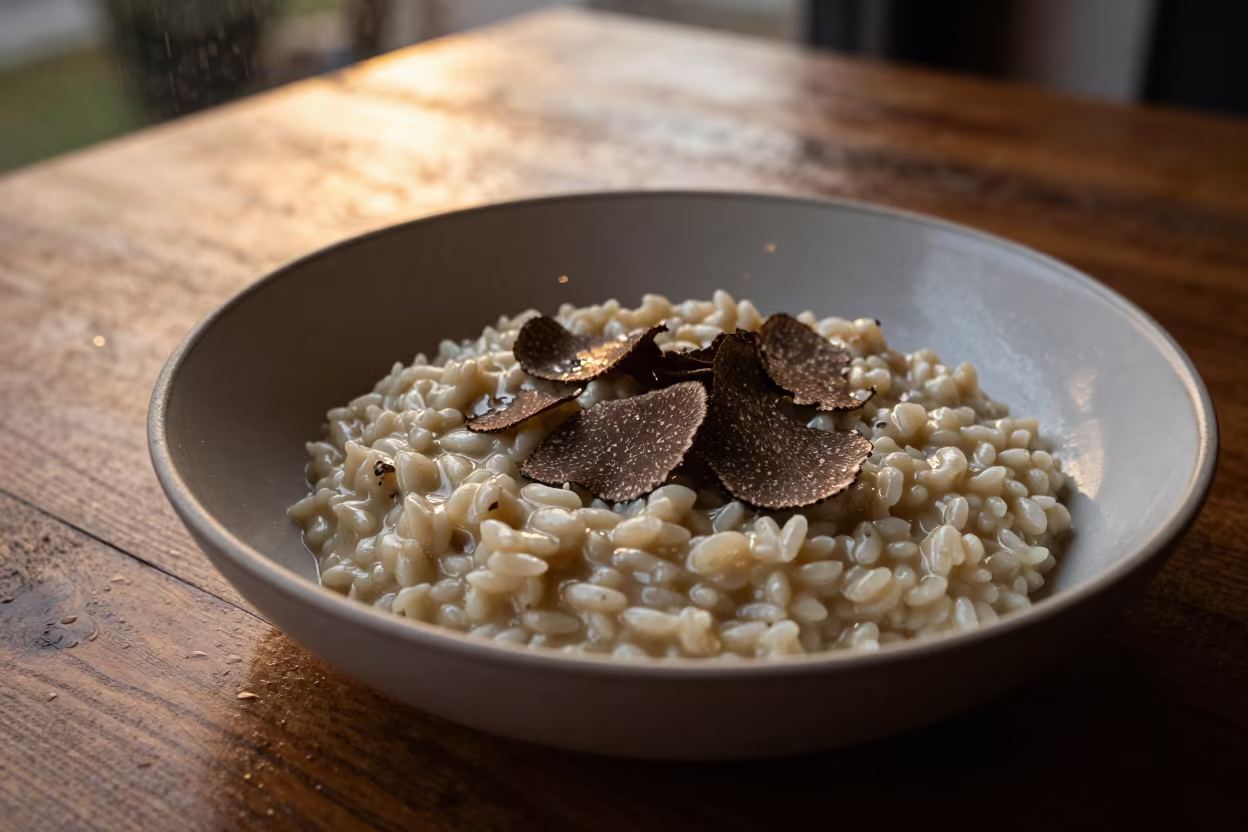 Rustic Risotto with Shaved Truffle Sunset in on a rustic wooden table in Palo Negro
