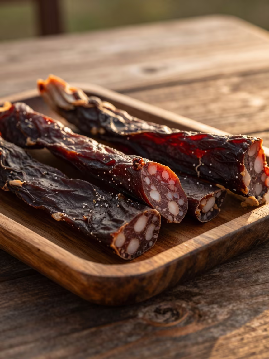 Rustic South African Biltong and Droëwors on Wood in on a rustic wooden table in Leiden