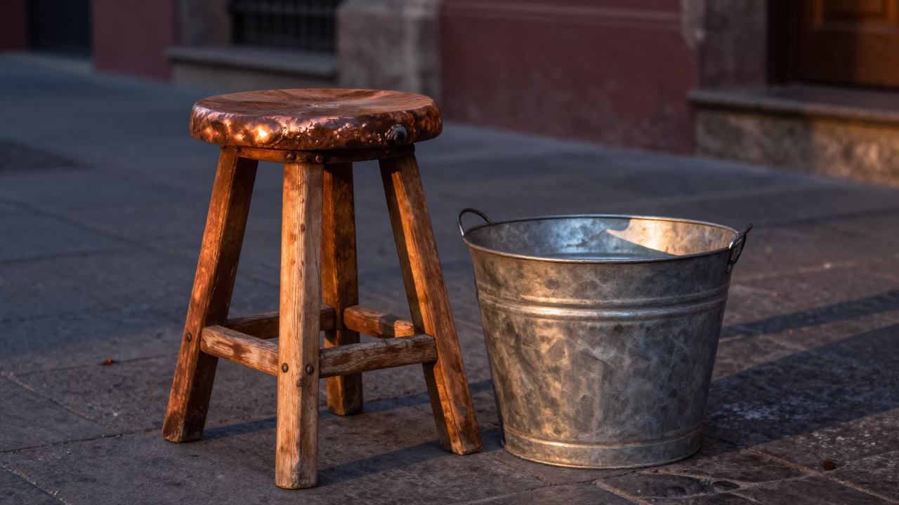 Rustic Stool and Bucket in Mexico City Before Dusk Copper Light in in Mexico City, Mexico